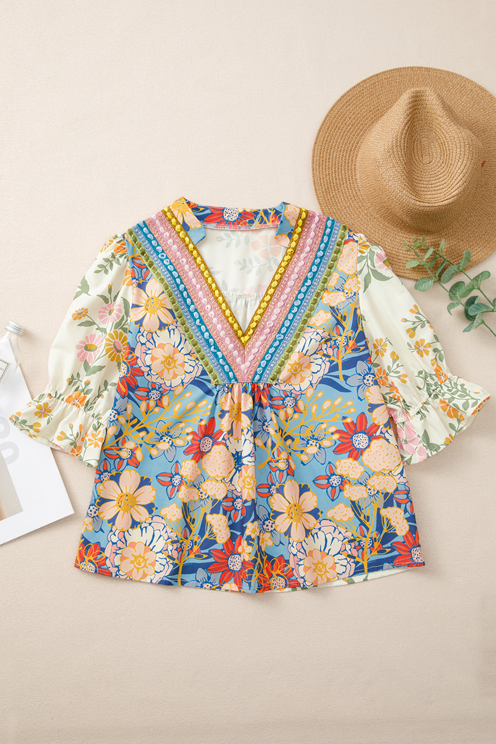 Multicolour V Neck Half Sleeve Boho Floral Blouse - Thirty-One Boutique, LLC