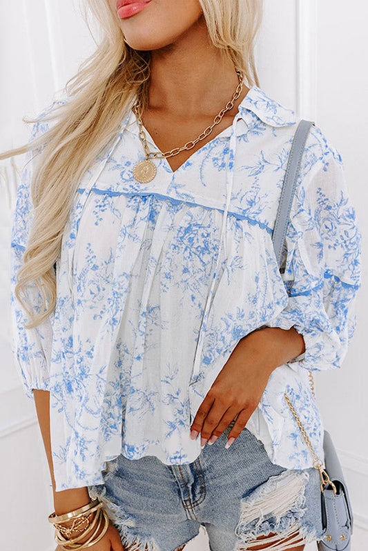 Sky Blue Floral 3/4 Sleeve Lace-up Collar Blouse - Thirty-One Boutique, LLC