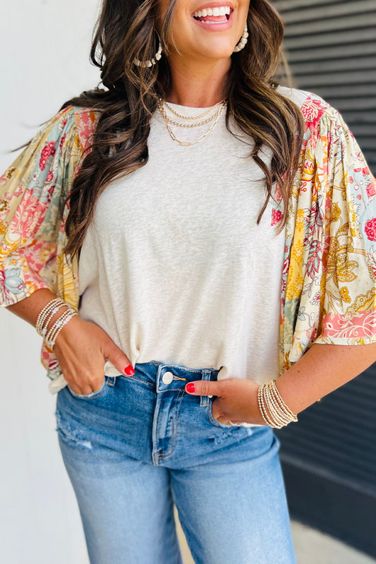 Beige Floral Patchwork Batwing Sleeve Blouse - Thirty-One Boutique, LLC