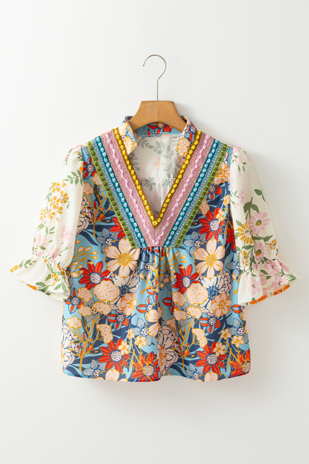 Multicolour V Neck Half Sleeve Boho Floral Blouse - Thirty-One Boutique, LLC