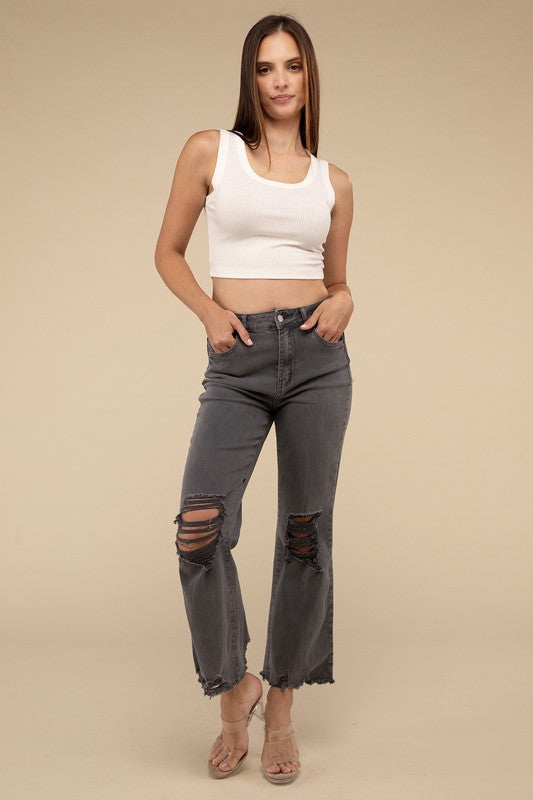 Acid Washed High Waist Distressed Straight Pants - Thirty-One Boutique, LLC