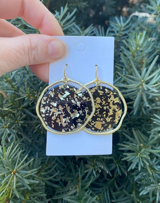 Black Gold Glitter Acrylic Chandelier Disc Earrings - Thirty-One Boutique, LLC