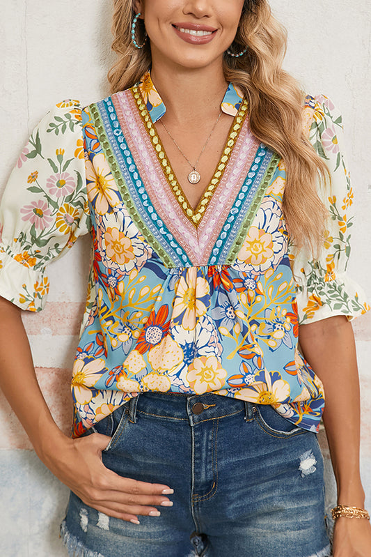 Multicolour V Neck Half Sleeve Boho Floral Blouse - Thirty-One Boutique, LLC