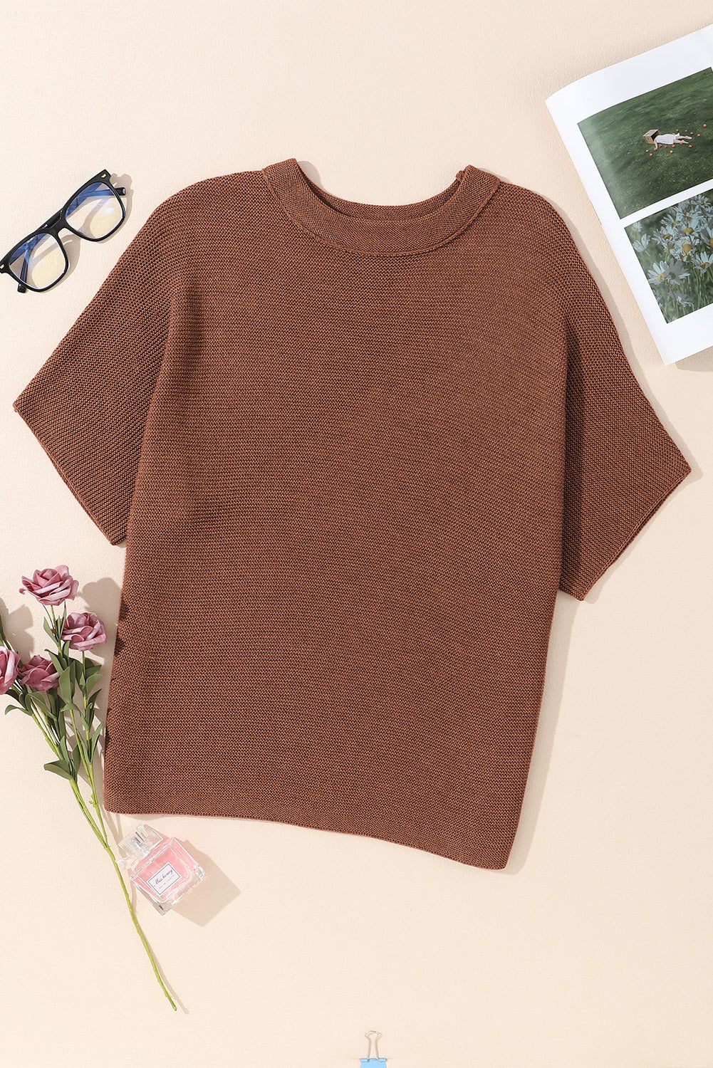 Coffee Mock Neck Short Batwing Sleeve Sweater - Thirty-One Boutique, LLC