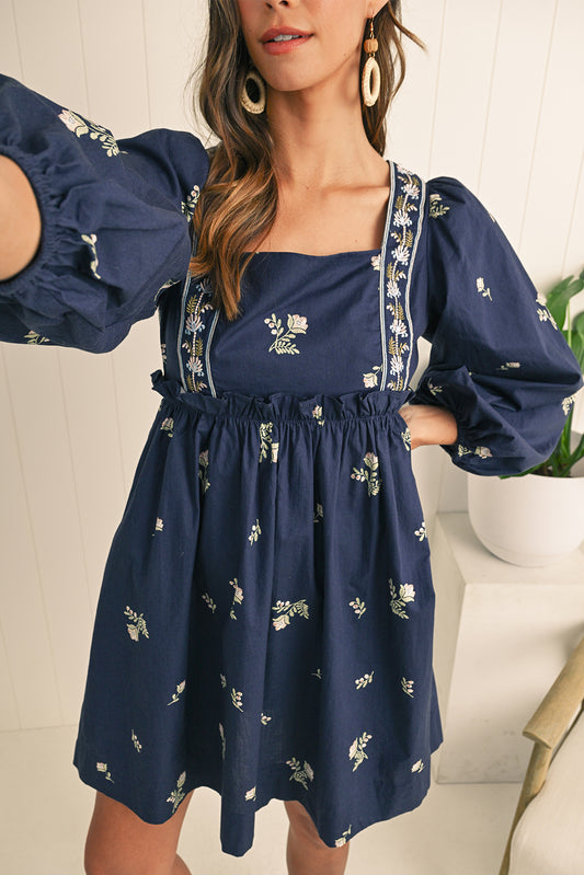 Blue Floral Embroidered Puff Sleeve Babydoll Dress - Thirty-One Boutique, LLC