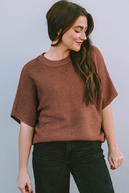 Coffee Mock Neck Short Batwing Sleeve Sweater - Thirty-One Boutique, LLC