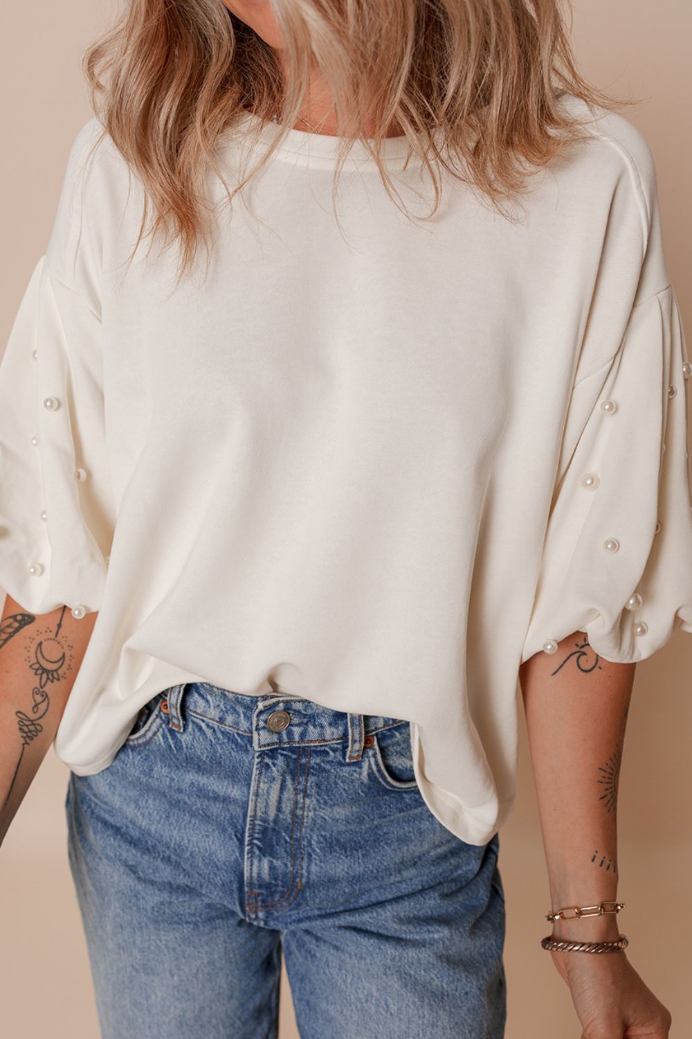 Pearl Detail Round Neck Half Sleeve Blouse - Thirty-One Boutique, LLC