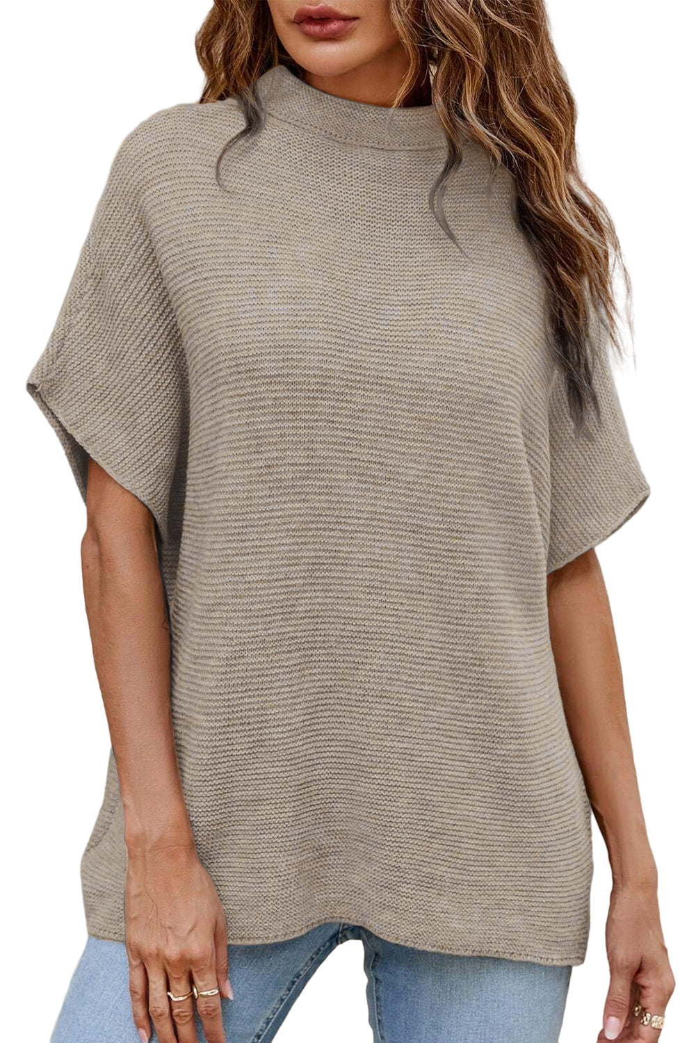 Coffee Mock Neck Short Batwing Sleeve Sweater - Thirty-One Boutique, LLC