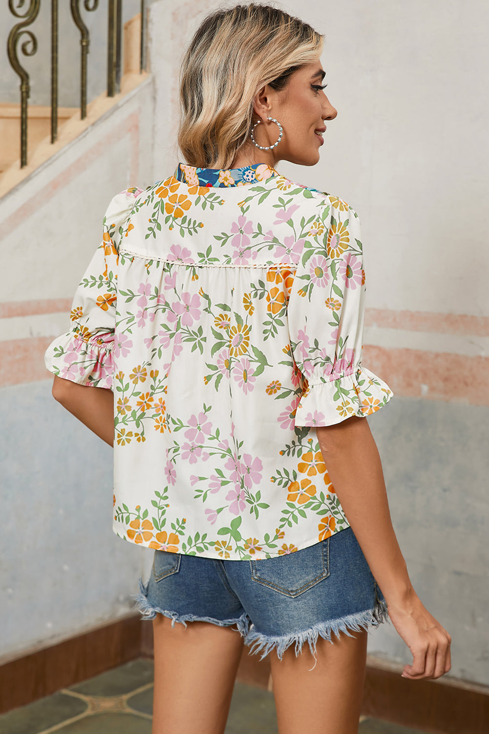 Multicolour V Neck Half Sleeve Boho Floral Blouse - Thirty-One Boutique, LLC