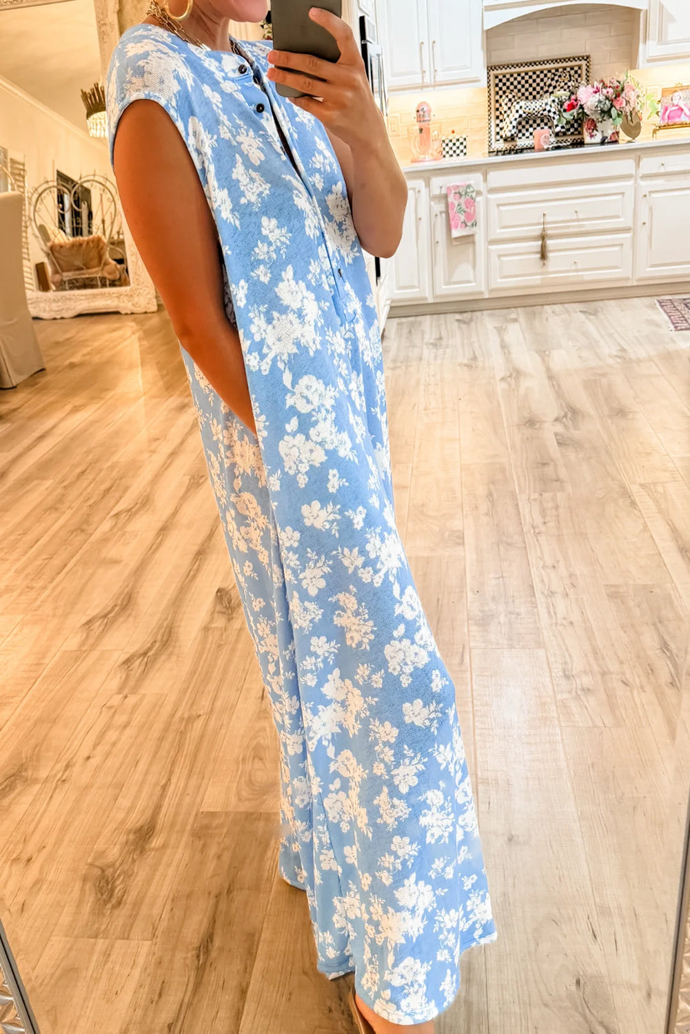 Myosotis Floral Print Sleeveless Wide Leg Jumpsuit