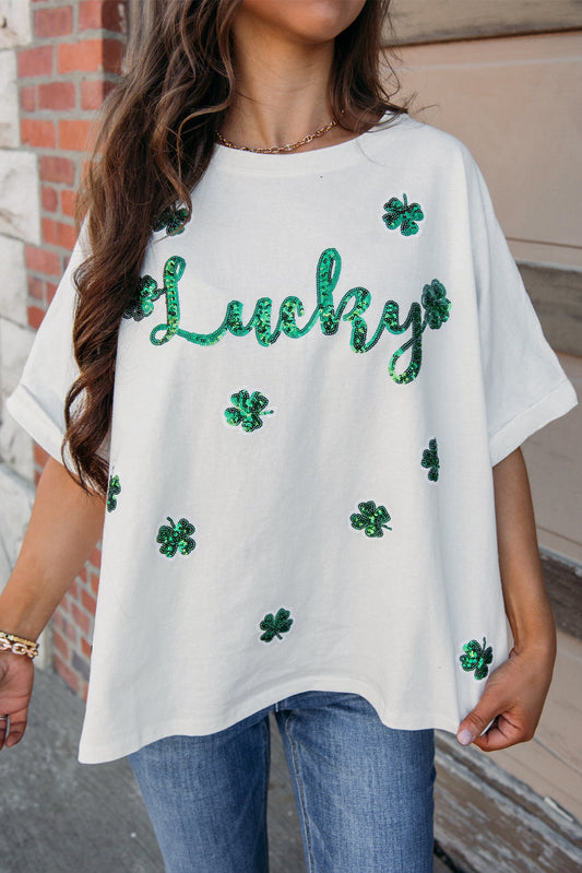 White St Patrick Lucky Clover Sequin Graphic T Shirt - Thirty-One Boutique, LLC