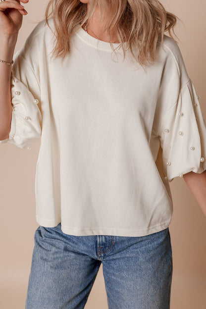 Pearl Detail Round Neck Half Sleeve Blouse - Thirty-One Boutique, LLC