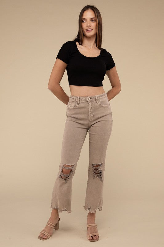 Acid Washed High Waist Distressed Straight Pants - Thirty-One Boutique, LLC