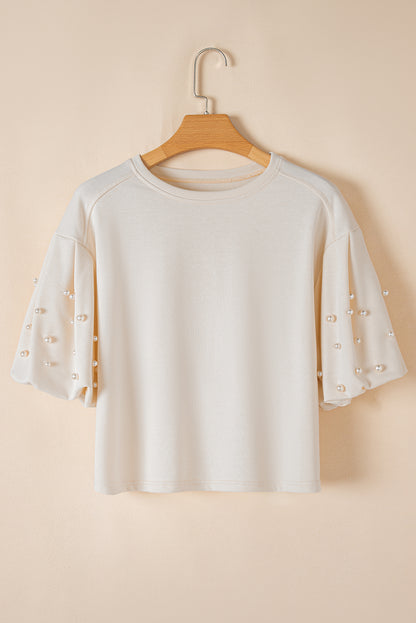 Pearl Detail Round Neck Half Sleeve Blouse - Thirty-One Boutique, LLC