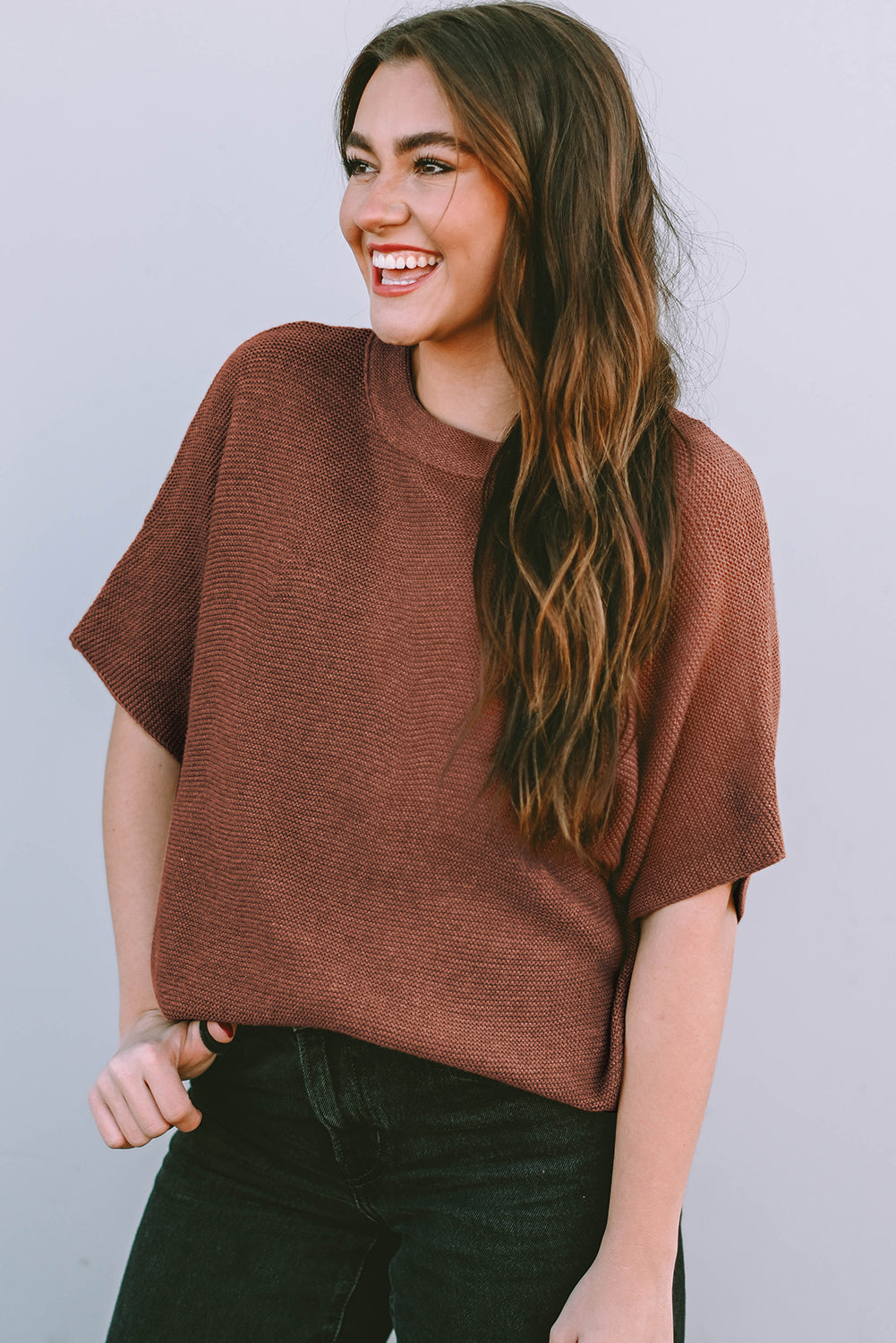 Coffee Mock Neck Short Batwing Sleeve Sweater - Thirty-One Boutique, LLC