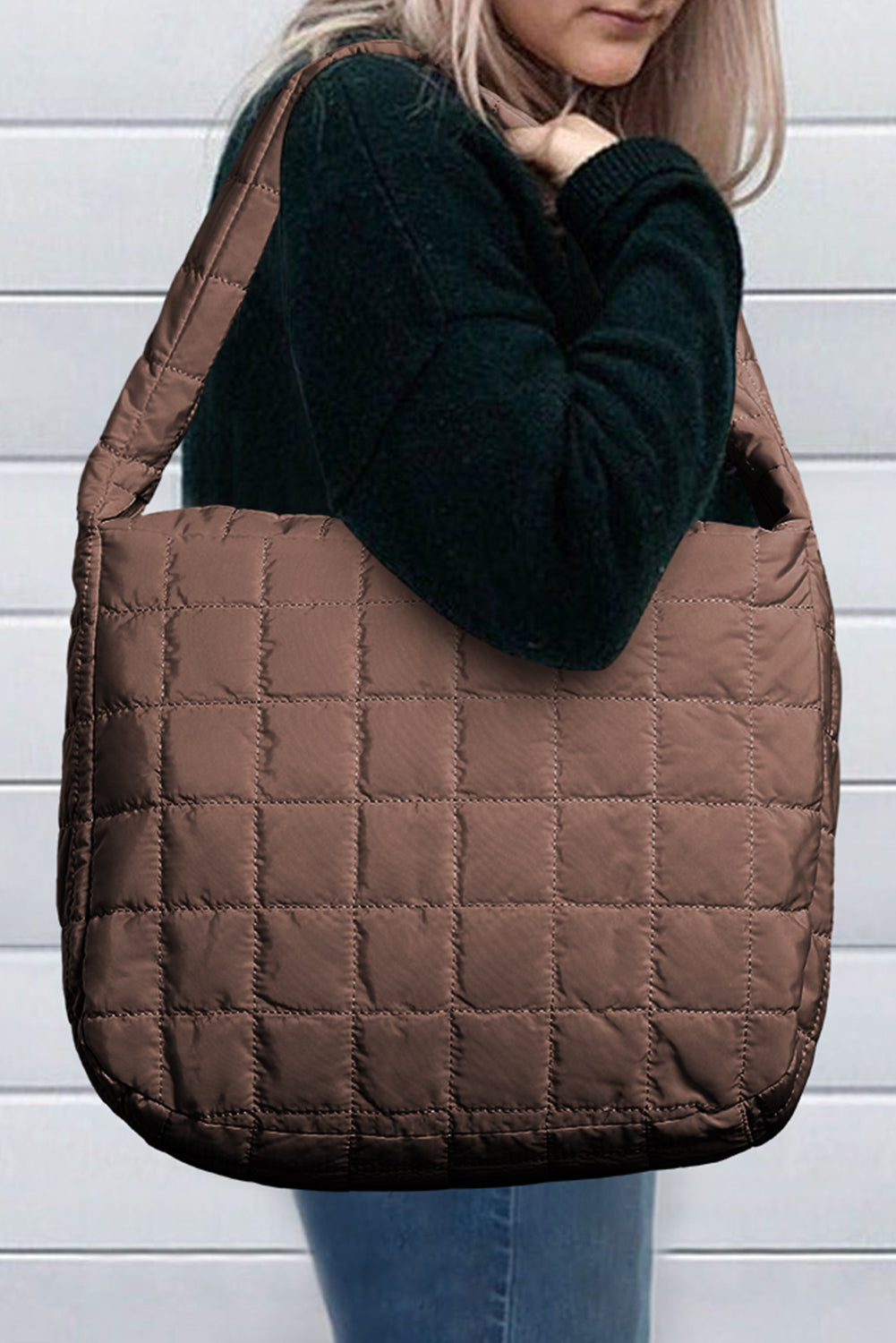 Coffee Casual Quilted Zipper Large Shoulder Bag - Thirty-One Boutique, LLC